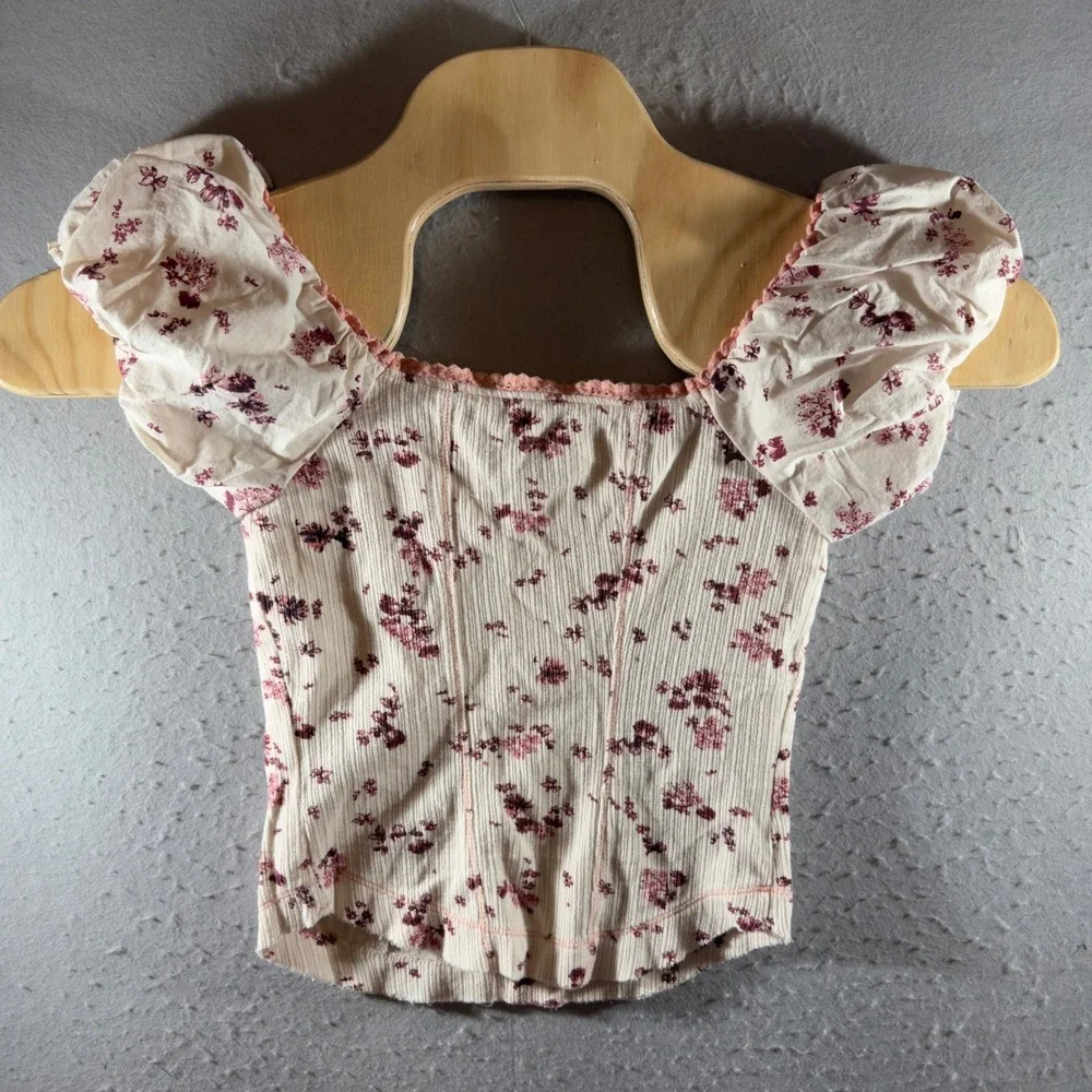 1523 | Anthropologie Floral Puff Sleeve Corset Top Coquette Cream Pink Womens XS